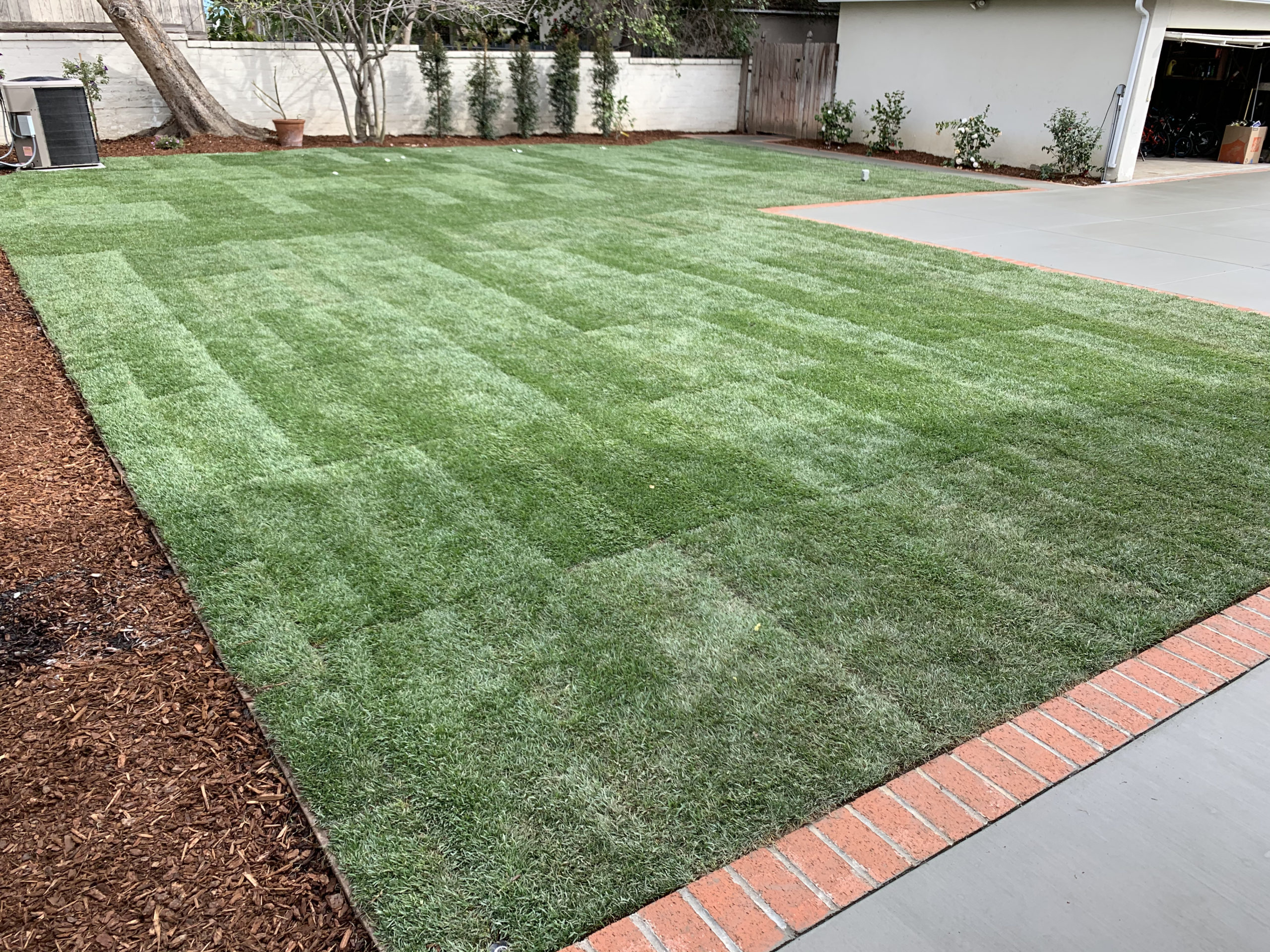 Sod-and-cement-patio-with brick trim by Eds Landscaping